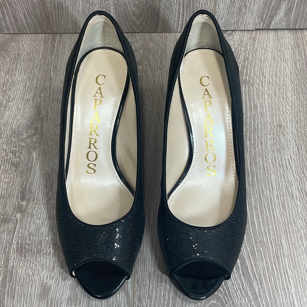 Caparros Black Sparkle Peep Toe Open Toe Pump Heels 8B